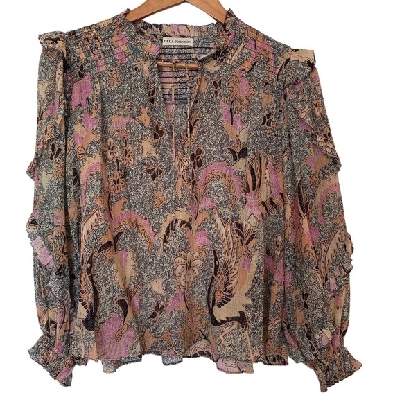 Ulla Johnson Silk-Blend Ruffle Floral Lara Blouse in Ivory, Size 0 - Picture 5 of 14